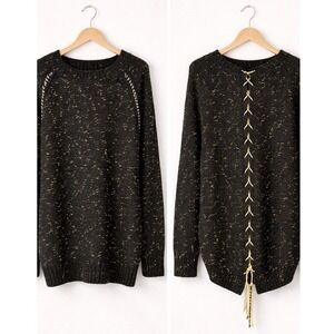 Lulumari Knit Sweater Women Medium Black Gold Lace Up Back Chain Detail Gothic